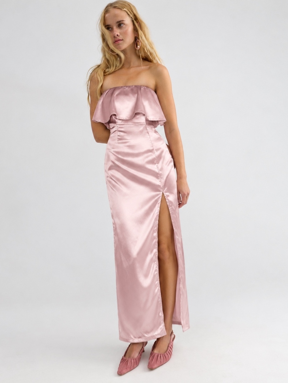 Superdown Dusty Rose Pink Strapless Satin Ruffle Maxi Dress Slit Size S NWT